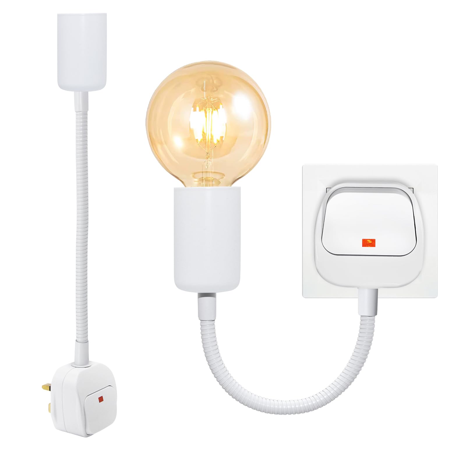 2PCS Flexible Lamp Holder, 9MM Thick Gooseneck Plug in Light Socket, E27 Socket Holder, Light Bulb Holder with Plug and On/Off Switch, 360°Adujstable Indoor Plug in Lamp for Loft Basement, No Bulb