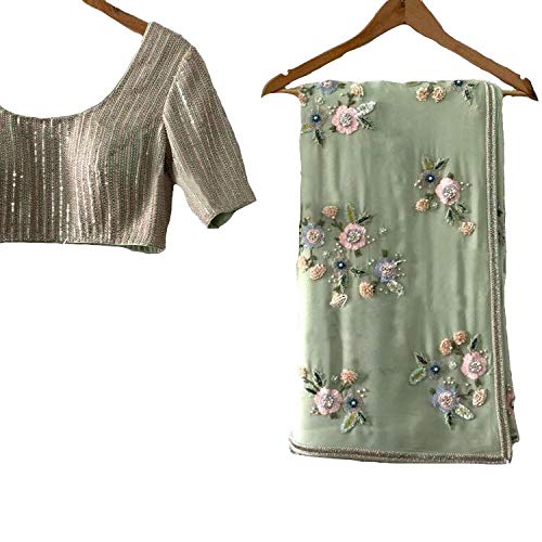 Womens Georgette Saree with Embroidery (Green)