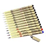 Sakura 12 Pcs Pigment Liner Pigma Micron Ink Fine Line Pen Set 003 005 01 02 03 04 05 08 Graphic 1 & Brush(Red,Blue,Black)