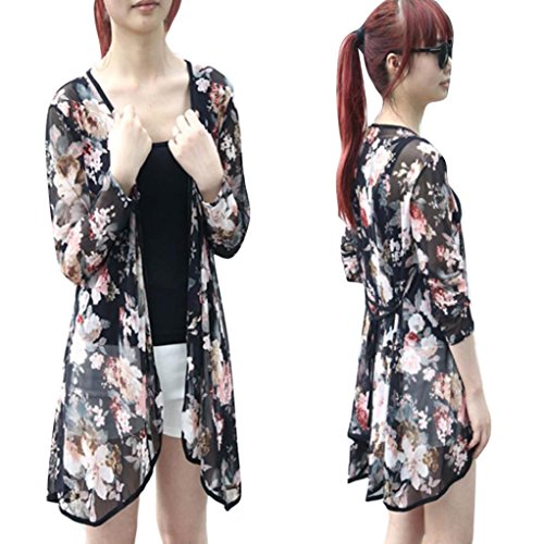 TOPUNDER Women Casual Floral Cardigan Shawl Gauze Kimono Coat Blouse Tops