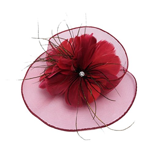 Unpara Fashion Wedding Bridal Headpiece Romantic Fascinator Mesh Hat Flower Cocktail Party Headdress (Wine Red)