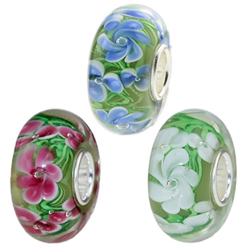 3 Flower Sisters Hawaii Garden .925 Stamped Solid Sterling Silver Core Murano Glass Beads Charms