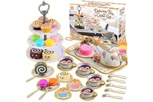 Cheffun Tea Set for Little Girls - Tea Party Pretend Play Kitchen Set Sweet Princess Accessories Plastic Tea Cups Dishes Play Food Macaroons Cake Set Stands Play Set for Toddlers Kids Ages 3 4 5 6 7+