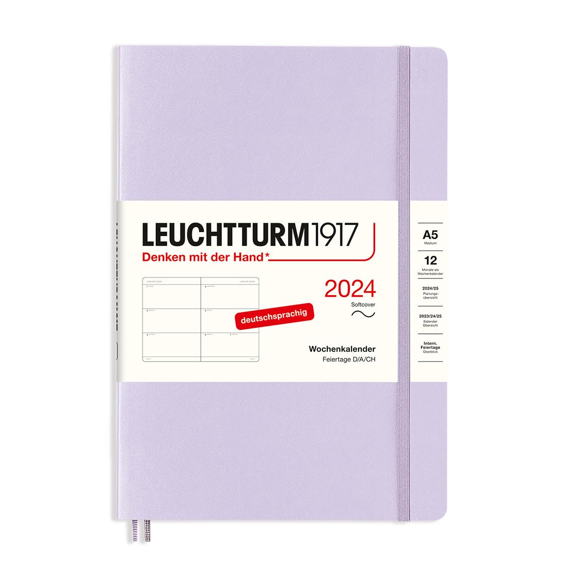LEUCHTTURM1917 367653 Weekly Planner Medium (A5) 2024, Soft Cover, Lilac, German, 12 Months