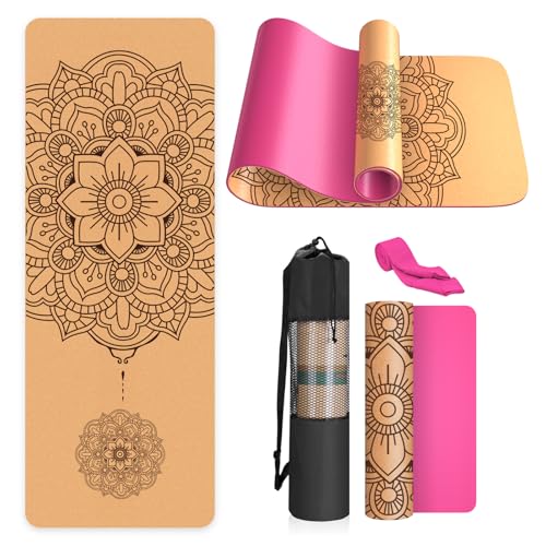 Kork-Yogamatte, rutschfest, einzigartiges Design, natürlicher Kork, TPE-Material, Fitness-Trainingsmatte mit Tragetasche und Gurt, für Zuhause, Pilates, Aerobic