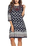 Halife Women's Vintage Ethnic Style Printed Tassel Tie Neck Loose Fit Bohemian Tunic Dress