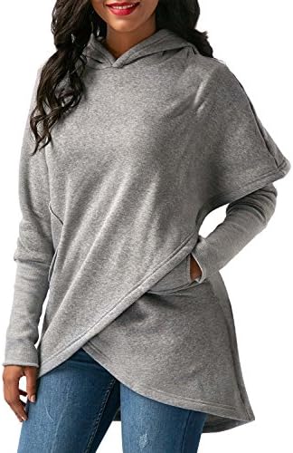 Dokoll Women’s Hooded Long Sleeve Asymmetric Hem Wrap Solid Color Pocket Sweatshirt Tops Blouse Outwear Pullover Hoodies