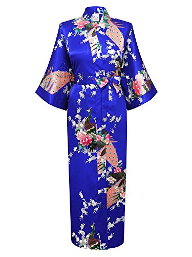 Swhiteme Women's Kimono Robe, Long, One Size, Peacock, Classic Blue, KPL01B