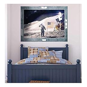 Wall26 - Science Fiction ViewPort - Decal - Landing on the Moon - US Astronaut - American Flag - Wall Mural, Removable Sticker, Home Decor - 24x32 inches