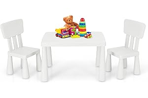 HONEY JOY Kids Table and Chair Set, Plastic Children Activity Table and 2 Chairs for Art Craft, Easy-Clean Tabletop, 3-Piece Toddler Furniture Set for Daycare Playroom, Gift for Boys Girls(White)