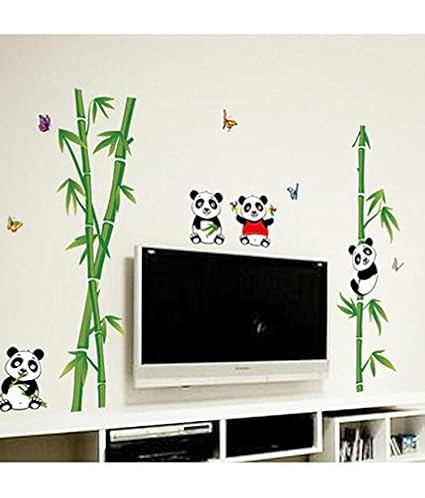 Decals Design Cute Little Animals Panda on Bamboo Trees Wall Sticker (PVC Vinyl, 90 cm x 60 cm),Multicolour