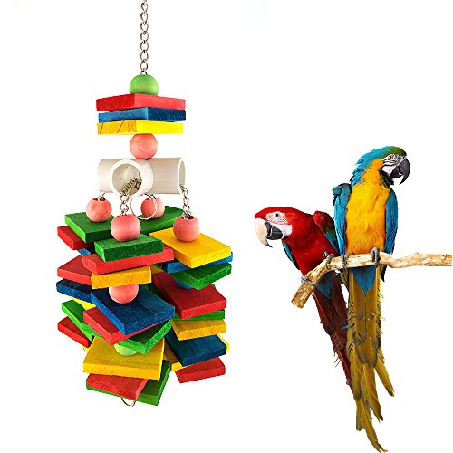 Mrlipet Bird Chew Toys with Colorful Wood Beads Bells and Wooden Hammock Hanging Perch for Budgie Lovebirds Conures Small Parakeet Cages Decorative Accessories (Knots Block Chewing Toys)