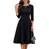 HomRain Women's Fit and Flare Midi Dress-3/4 Sleeve Modest Church Dress Classy Causal Work Dresses with Pockets