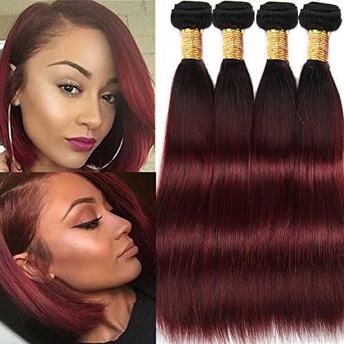 Black Rose Hair Black +Burgundy Straight 7A Grade Human Hair Weaving Peruvian Ombre Virgin Remy Human Hair Pack of 4 Bundles 1b/99j 10"+12"+ 14" +16" Pre Colored Hair Weft Extensions 100g Full Bundle