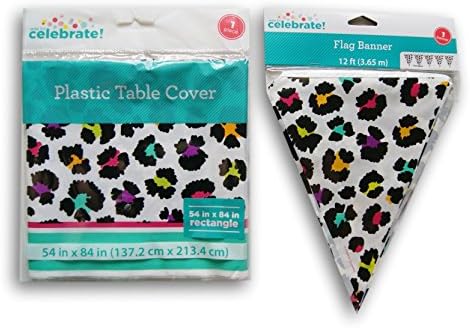 Rainbow Cheetah Party Supply Kit - Table Cover and Flag Banner