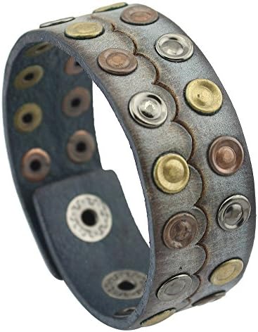PealyPearls Genuine Leather Wristband Rivets Wide Belt Bracelet Unisex Jewelry Grey