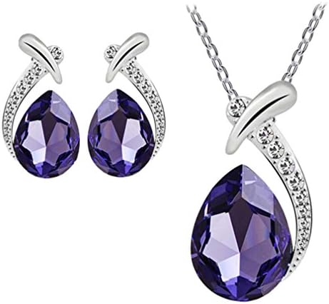 kaifongfu Women Crystal Pendant,Women Silver Plated Chain Necklace Stud Earring Jewelry Set For Women (Purple)