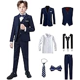Boys Suits Black Suit for Boy Slim Fit Formal Toddler Kids 7Pcs Vest Dress Pants Blazer Ring Bearer Outfit with Accessory