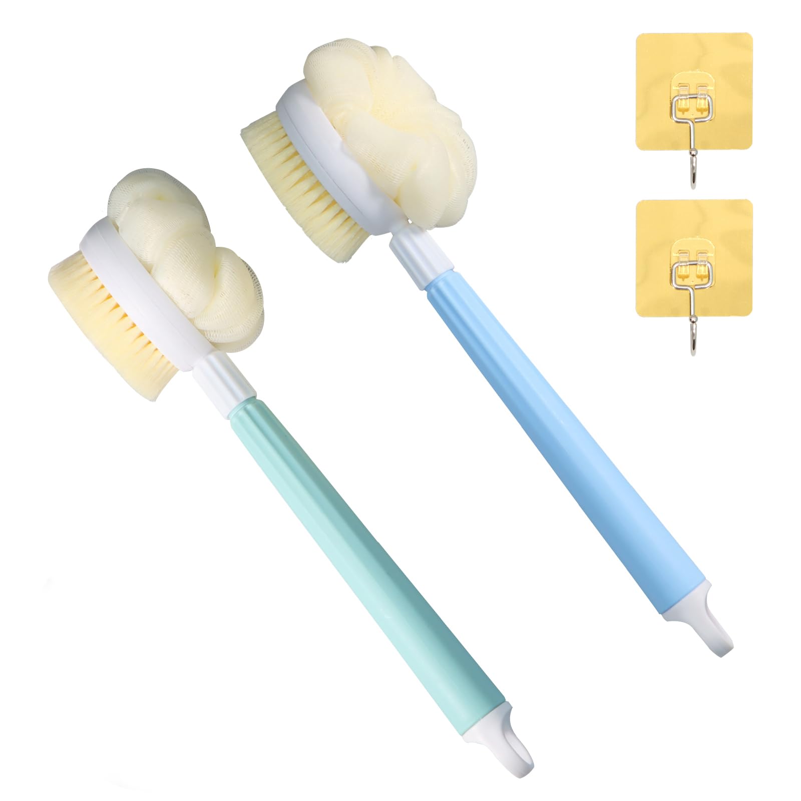 RAFIYU Body Shower Brush Back Scrubber, 2 Pcs Adjustable Long Handle Back Shower Brush, 2 in 1 Showering Exfoliator for Women, Men, Elderly