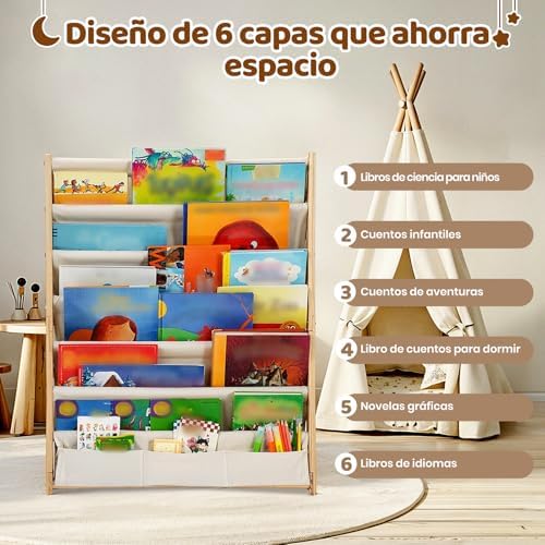 Estante de Livros Infantis de Madeira de 7 Níveis