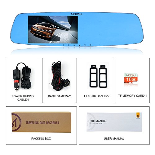 MERRILL Rear View Mirror Dash Cam 5.0" LCD 1080p 170° Wide Angle Dual Cameras with G-sensor, Parking Monitor, Night Vision, 16GB SD Card