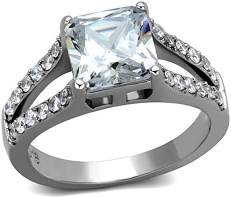 Jewelryfinds Square Princess Cz &amp; Accents Stainless Steel Raised Engagement Wedding Ring