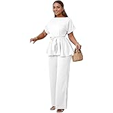 WUSENST White Suit Set for Women Round Neck Short Sleeve Tied Waist Ruffle Hem Top High Waisted Wide Leg Pants Casual Elegant Business Suit Sets