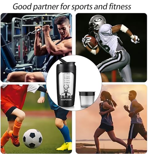 SULUNZEGER Protein Shaker Bottle Electric, Rechargeable Portable Blender with Powder Cup, Mini Protein Mixer for Gym, Food Processors Blenders for Juicer, Smoothie, Milk, (650ML, Black)