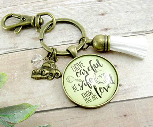 Drive Careful Be Safe Know You Are Loved Keychain New Driver Gift For Girl Keychain Sweet 16 White Tassel Car Charm