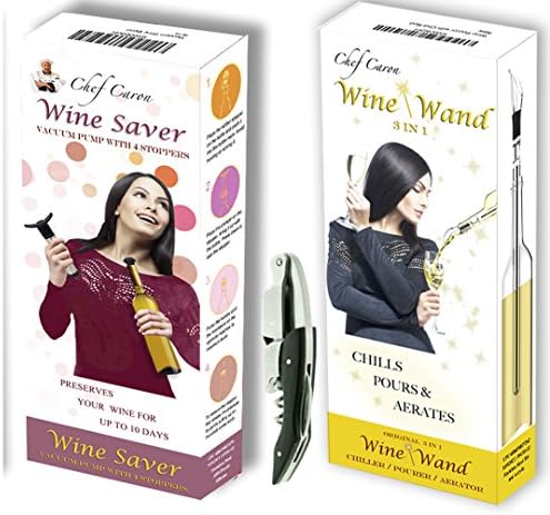Wine Gift Bundle - Wine Saver, Wine Wand &amp; Wine Key from Chef Caron - Wine Preserver Vacuum Pump 4 Stoppers, Wine Wand 3-in-1 Cooler Pourer Aerator &amp; Sommelier Wine Key Corkscrew &amp; Foil Cutter …