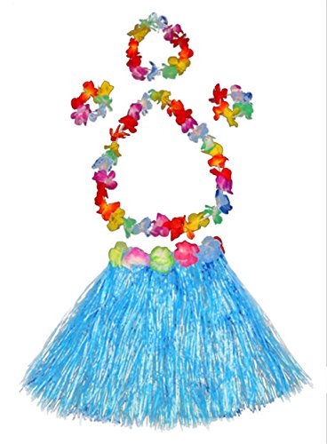 Girl's elastic Hawaiian hula dancer grass skirt with flower costume set-blue