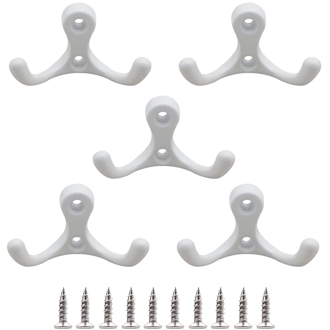Hoshen 5-Piece Wall-Mounted Double-Fork Coat Hook, Zinc Alloy Double-Purpose Hook (Including 10 Screws), Suitable for European-Style Indoor and Outdoor Retro Home Decoration - White