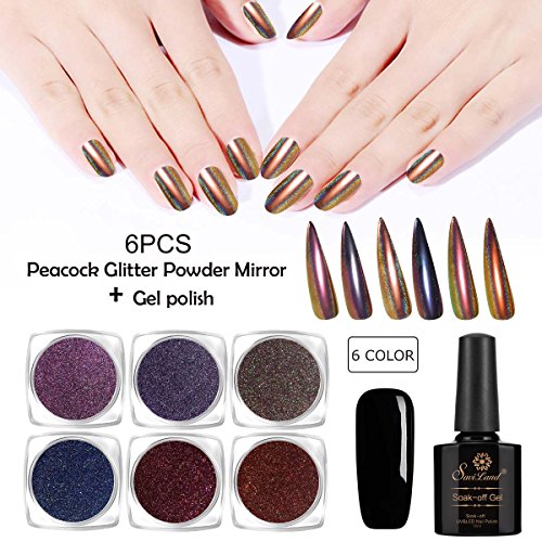Saviland 6 Colors Peacock Holographic Powder Chameleon Glitters Mirror Pigment Chrome Nail Powder with Black Gel Nail Polish Nail Art Decoration Set