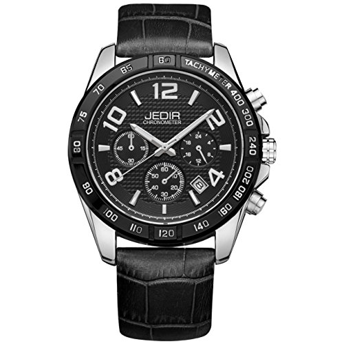 JEDIR Men Chronograph Watch Black Dial Big White Arabic Numerals Sport Style Genuine Soft Leather Strap