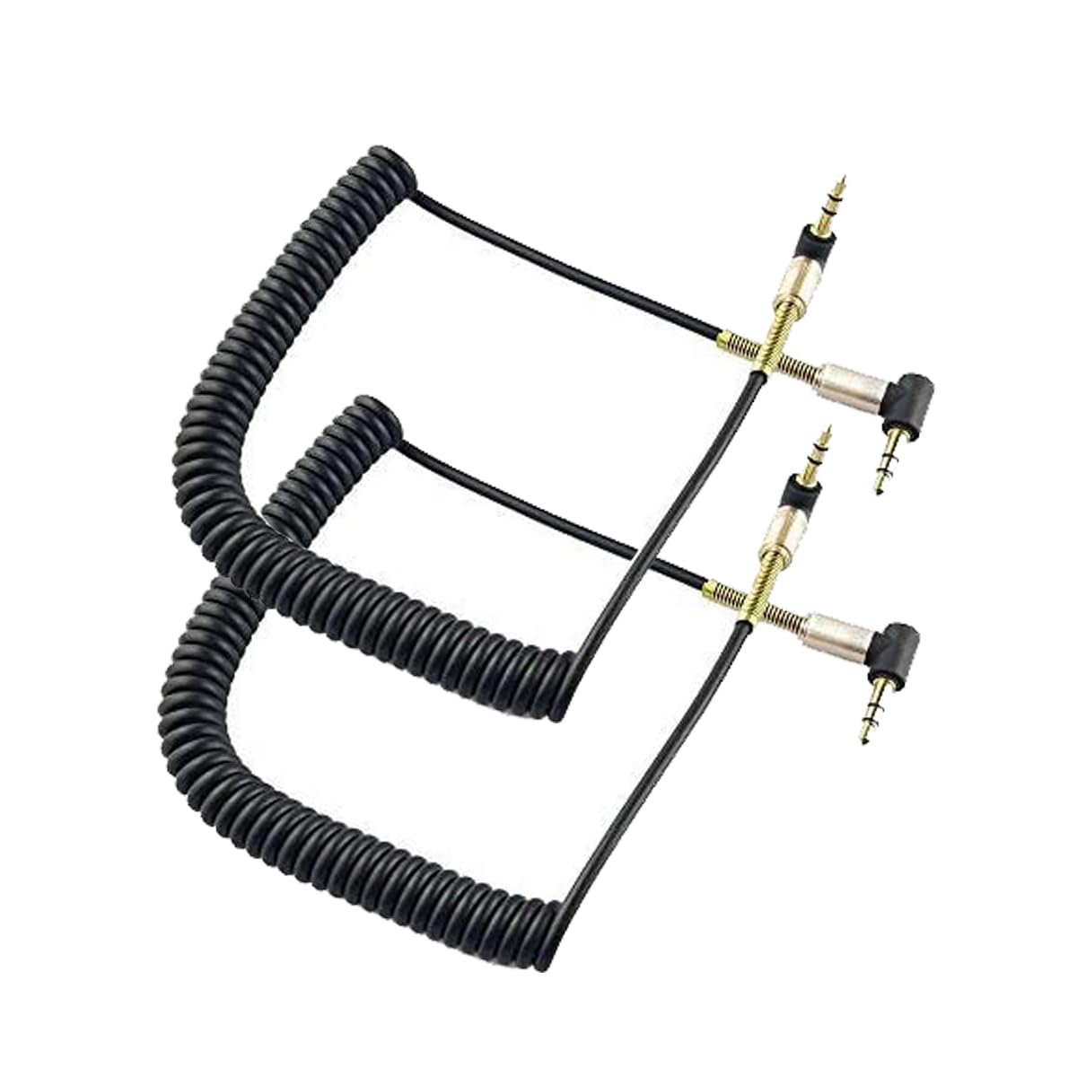 LiKuCo 2Pack 3.5mm Coiled Audio Cable Cord, 90 Degree Double Right Angle AUX Cable with Steel Spring Relief for Headphones, iPods, iPhones, iPads, Home/Car Stereos and More (2Pack)