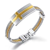 TRUSUPER Jewelry 2-Tone Mens Stainless Steel 24k Gold Plated Cross Bangle Bracelet
