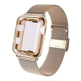 GBPOOT Compatible for Apple Watch Band 38mm 40mm 42mm 44mm with Screen Protector Case, Sports Wristband Strap Replacement Band with Protective Case for Iwatch Series 4/3/2/1,42mm,Gold