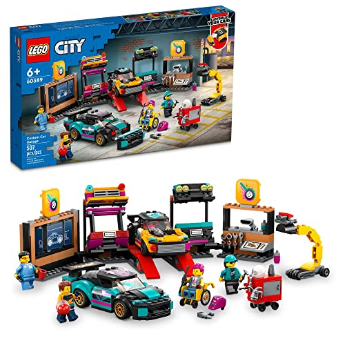 LEGO City Custom Car Garage 60389, Toy Set with 2 Customizable Cars, Mechanic and 4