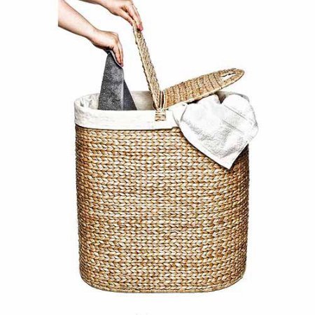 Hand-Woven Water Hyacinth Oval Double Hamper, Brown/Off-