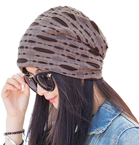 EachWell Women Pleated Ruffle Stretch Turban Hat Hair Wrap Cover Up Sun Cap Coffee
