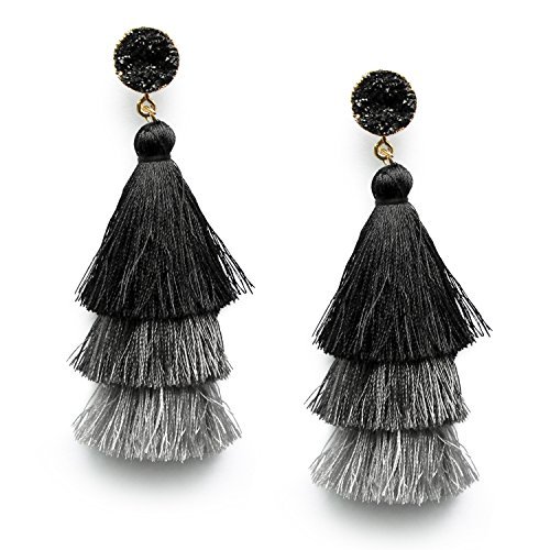 Black Grey Tiered Statement Tassel Earrings Studs Layered Fringe Black Tassel Dangle Drop Earrings for Women Teen Girls Boho Jewelry Birthday Party Christmas Gift