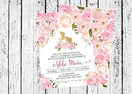 Unicorn Birthday Invitation, GOld and Pink Unicorn Flower Birthday Invitation, Pink and Gold birthday, invite, Floral birthday, sweet sixteen, 2nd birthday