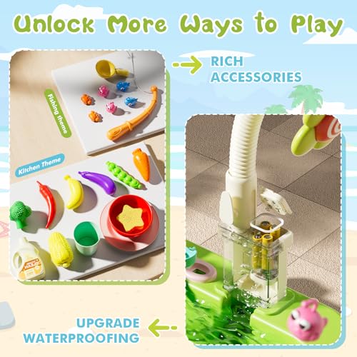 SwinKate Upgraded 4-in-1 Sand Water Table for Toddlers 1-3, Kids Sensory Table with Electric Water Pump & Sun Flower Faucet, Play Kitchen Sink with Food Accessories, Fishing Toy ‒ Adjustable Height