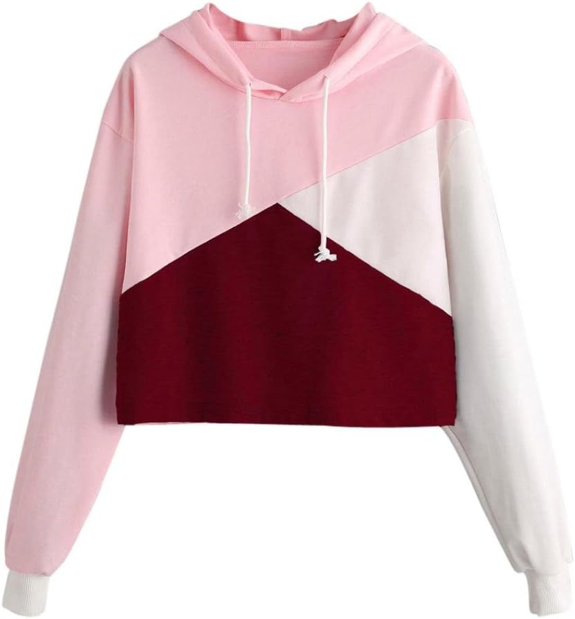 Vicbovo Cropped Hoodie, Women Teen Girl Fashion Color Block Long Sleeve Hooded Crop Tops Sweatshirt Loose Pullover Shirts