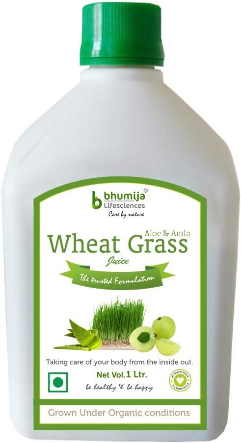 Bhumija Lifesciences Plain Natural Wheatgrass Juice with Aloevera and Amla Extracts, 1 Litre (Pack of 1) | Herbal Juice Sugar-Free | Promotes Digestion, Healthy and Glowing Skin, Weight Management