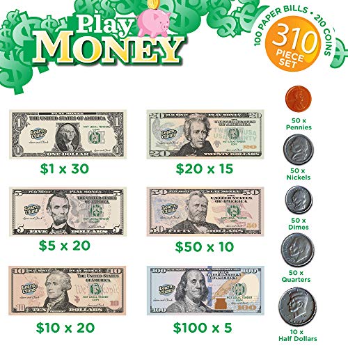 Learn & Climb Play Money Set for Kids - Fake Bills & Coins - 310 Pieces