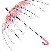 Clear Cherry Blossoms Umbrella,Clear J Hook Handle Stick Umbrella,Transparent Umbrellas Wedding,Pink Bubble Umbrellas for Kids and women
