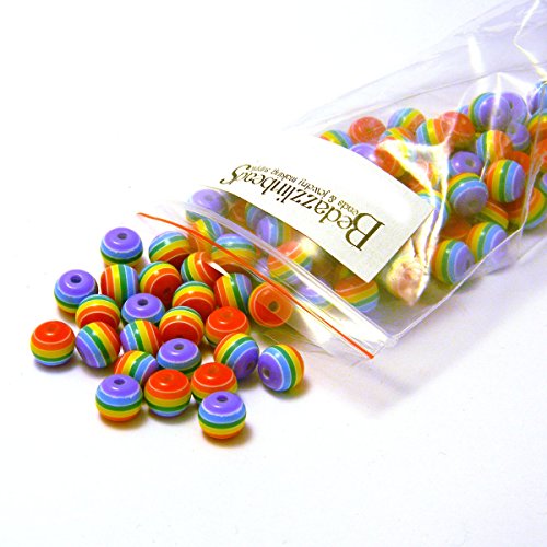 100 Rainbow Stripe 8mm Round Plastic Acrylic Resin Beads With Opaque Striped Lines
