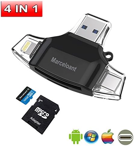 4in1 USB Flash Dirver for iPhone, Marceloant Card Reader Micro SD TF Card Readers for iPad Android Apple Mac, Card Reader Memory Card Camera Reader Adapter, Lightning Micro (Black With 32GB TF Card)
