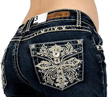 SEXY COUTURE Women's S479-PB Cross Rhinestone Dark Wash Mid Rise Boot Cut Denim Jeans 3-17